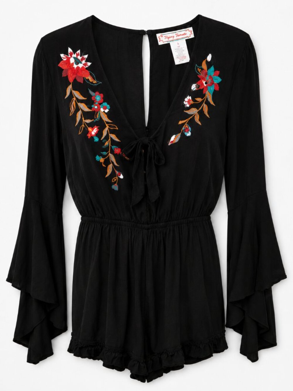 Boho Embroidered Black Romper Bell Sleeve Festival Style Small - Picture 3 of 9